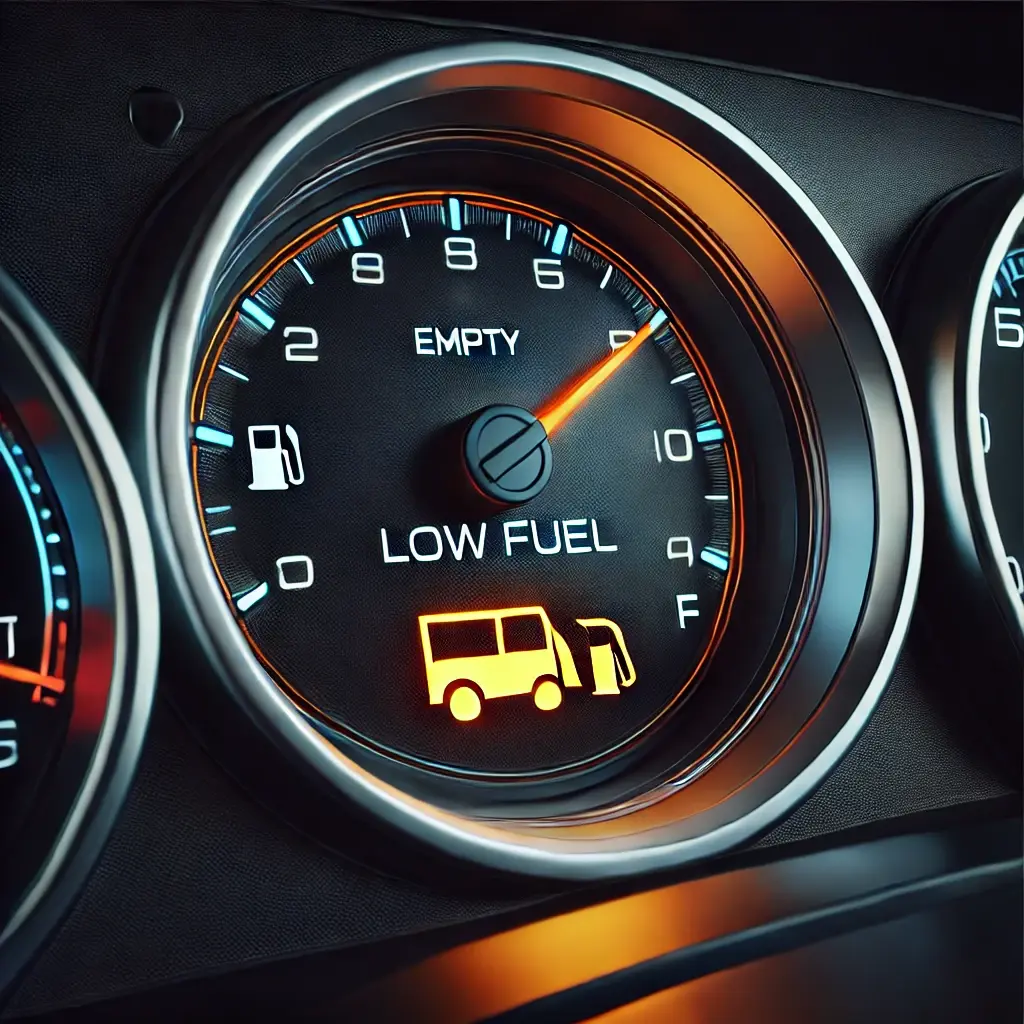 DALL·E 2025 01 04 15.50.35 A car dashboard displaying a fuel gauge with the needle pointing to Empty and a glowing low fuel warning light. The dashboard is modern and sleek w 1